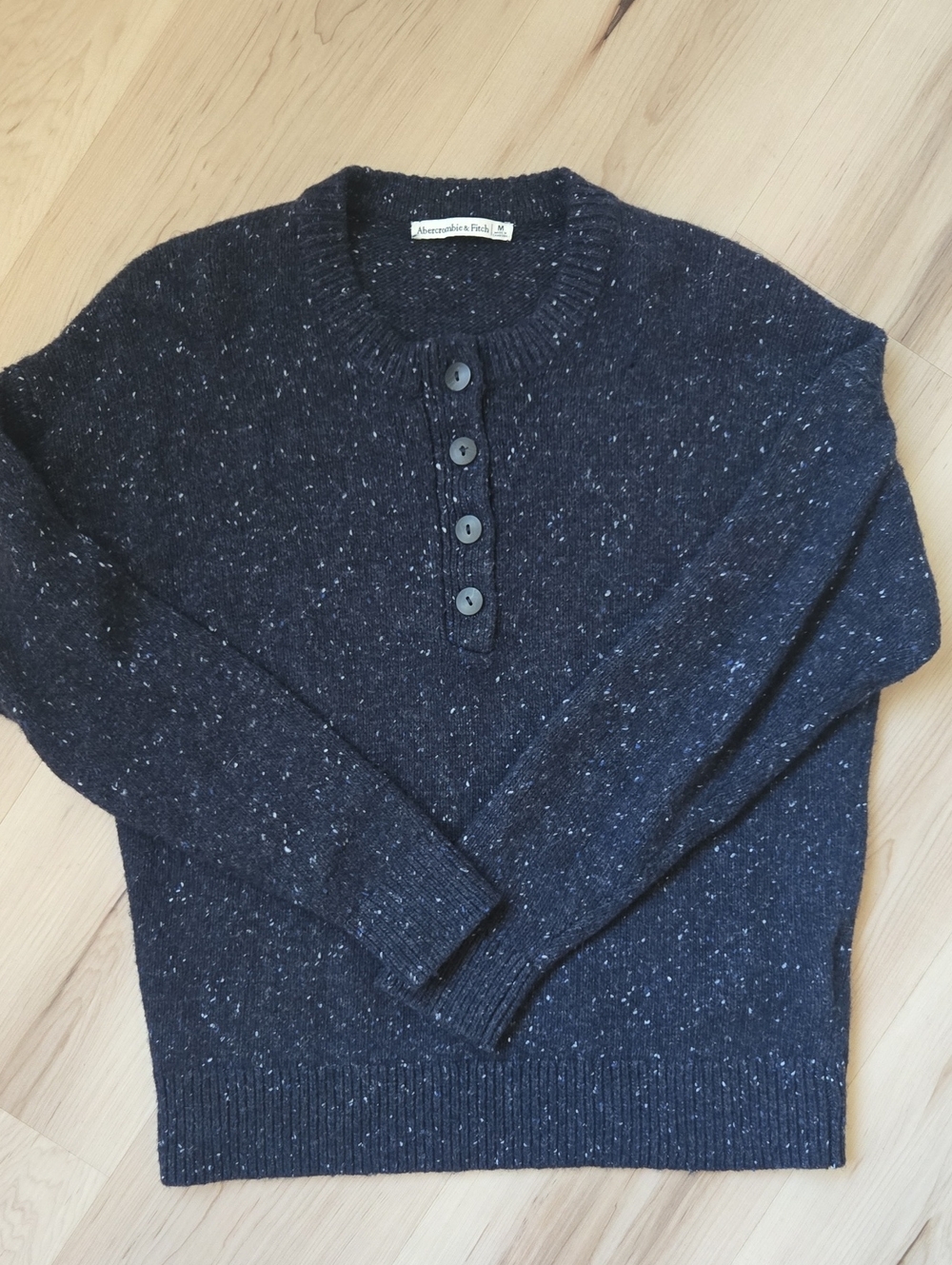 Abercrombie Cotton-Wool Blend Speckled Henley, Sweater, Blue/Black, Size Medium